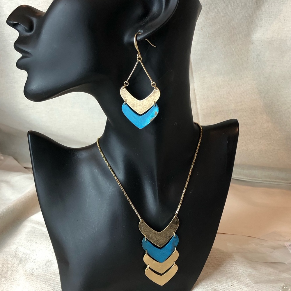 ROBERT LEE MORRIS Brass and Turquoise Layered Necklace and Earring Set NWT